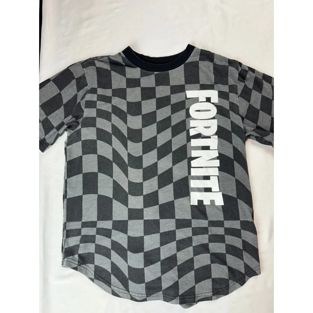 Fortnite Kids Boys XXL 18 T-Shirt Grey Black Warped Checkerboard Graphic Tee